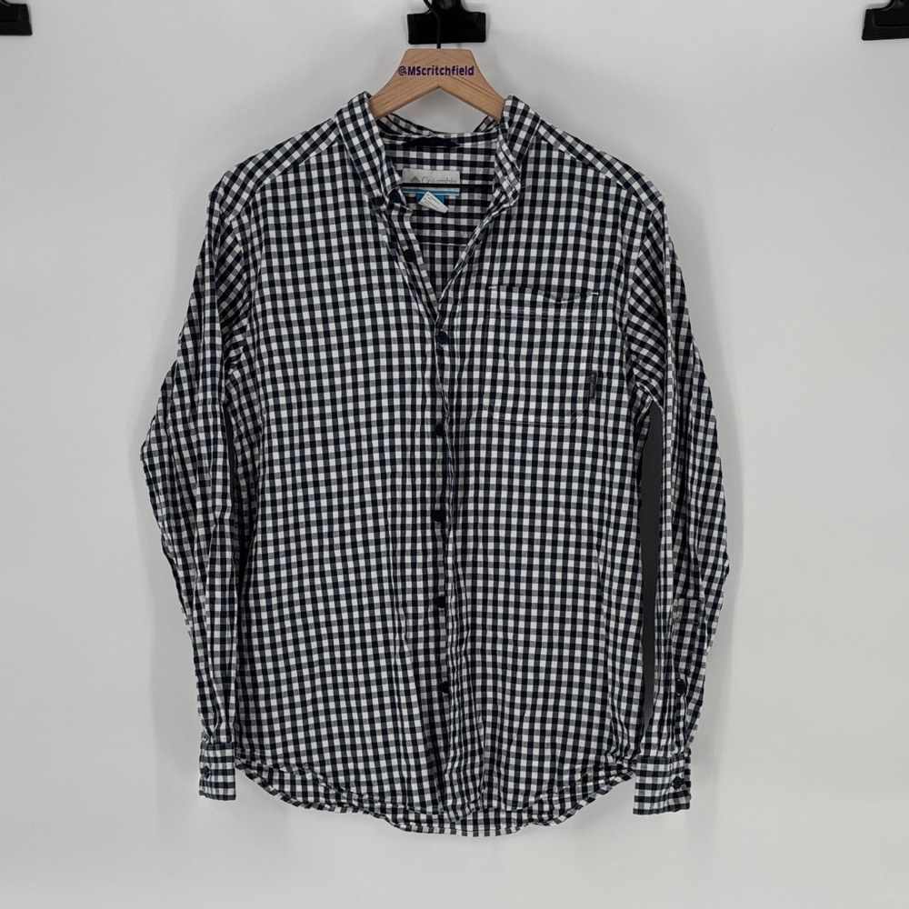 Columbia blue white checkered button down shirt medium